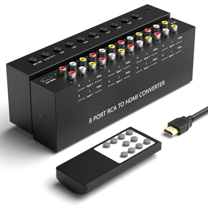 8 AV to HDMI Converter, 1080P/720P 8 Way RCA Composite CVBS AV Switch to HDMI Converter Adapter Support 4:3/16:9 Switch for Sega Xbox PS1 PS2 PS3 N64 NGC SNES WII VHS VCR Camera DVD - style: 8 RCA Converter