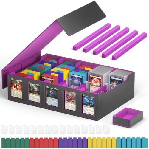 Foluck Trading Card Storage Box with Commander Display Holds 4200+ Cards | Dual-Function Magnetic Lid, Adjustable Storage, with 15 Stoppers, 30 Dividers 5 EVA Spacers, 1 Dice Box, Fits for TCG, CCG - color: Purple, size: 5-Row