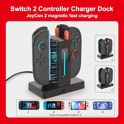 Switch 2 Controller Charger Dock for Joycon 2 Charging, Controller Charging Dock for Nintendo Switch 2 Joycon, 4 in 1 Joycon2 Charger Dock Fast Charging Station Stand with Charger Cable & Indicator