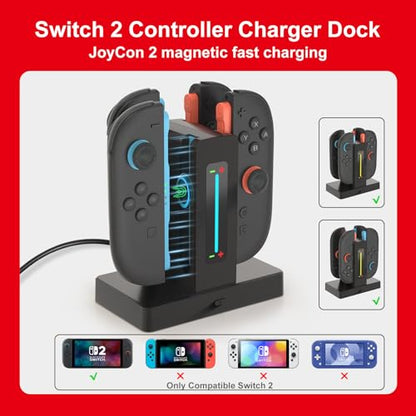 Switch 2 Controller Charger Dock for Joycon 2 Charging, Controller Charging Dock for Nintendo Switch 2 Joycon, 4 in 1 Joycon2 Charger Dock Fast Charging Station Stand with Charger Cable & Indicator