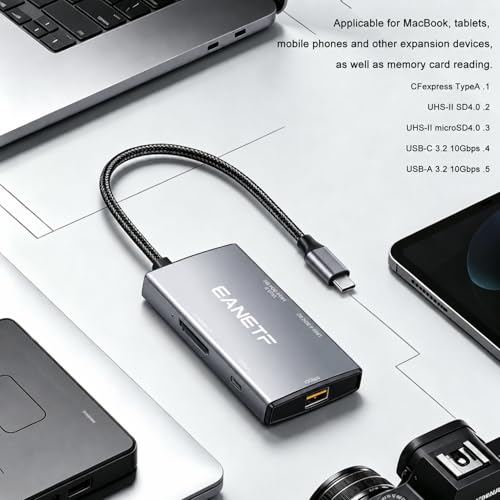 Eanetf 5-in-1 Professional USB C Hub 10Gbps, CFexpress Type C + UHS-II SD4.0 (Dual Row Pins) + UHS-II Micro SD4.0 Card Reader, Industrial USB 3.2 for 8K RAW Workflow, Filmmakers & Photographers