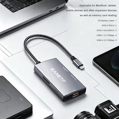 Eanetf 5-in-1 Professional USB C Hub 10Gbps, CFexpress Type C + UHS-II SD4.0 (Dual Row Pins) + UHS-II Micro SD4.0 Card Reader, Industrial USB 3.2 for 8K RAW Workflow, Filmmakers & Photographers