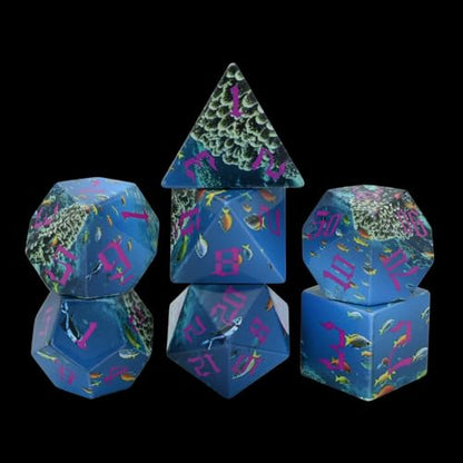 Ocean Theme 7-Piece Resin Dice Set - Polyhedral Dice with Coral & Fish Design for Tabletop RPG, Fantasy Gaming & Role-Playing Game Accessories(Ocean World) - style: Ocean World