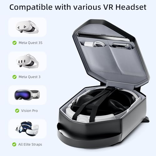 TOENNESEN VR Carrying Case for Meta Quest 3S/3/2, Fits BOBOVR/KIWI Straps | Half-Hard Shell, Shoulder Strap, Storage for Headset and Controllers, Travel-Friendly Design - color: Black