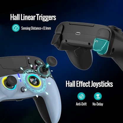 BETMI Wireless Controller for PS-5/Pro/Slim/PC (Black/Blue) | Hall Effect Joystick & Trigger/Macro/6-Axis Gyro Sensor/Dual Vibration/Built-in Speaker/3.5mm Audio Jack/RGB Light - color: Black/Blue