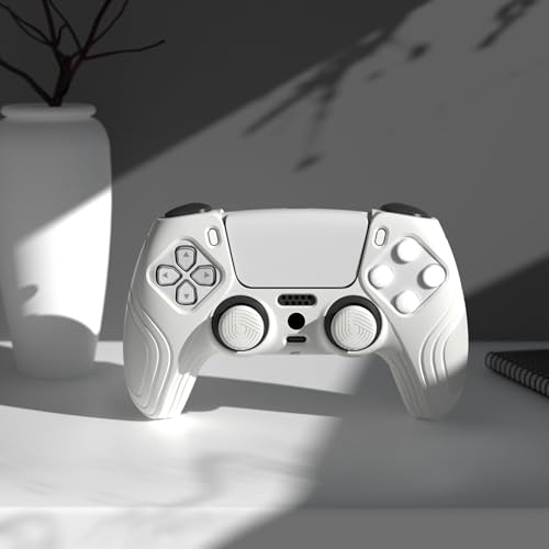 eXtremeRate PlayVital Samurai Edition White Anti-Slip Controller Grip Silicone Skin for ps5, Ergonomic Soft Rubber Protective Case for ps5 Controller with White Thumb Stick Caps - color: White