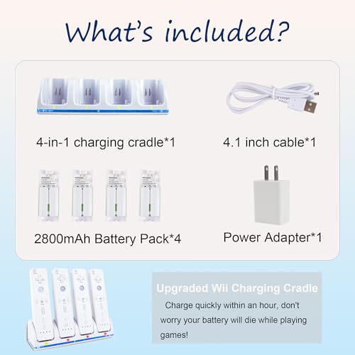 4 in 1 Wii Remote Charger,Charging Station with 4 Pack 2800mAh Rechargeable Battery,Plugs,USB Cable for Wii/Wii U Remote Controller (White) - color: White