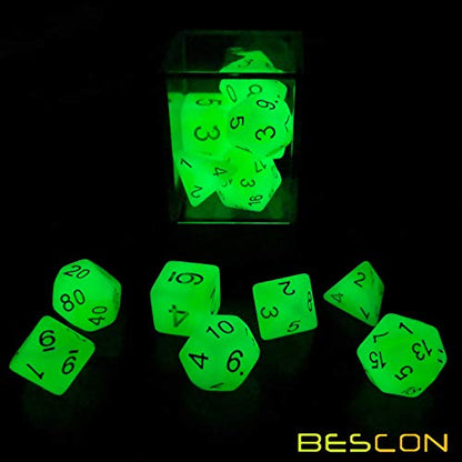 Bescon Glowing Polyhedral RPG Dice Set Luminous Jade, Bescon Glow in Dark Poly Dice Set of 7, DND Role Playing Game Dice - color: Luminous Jade