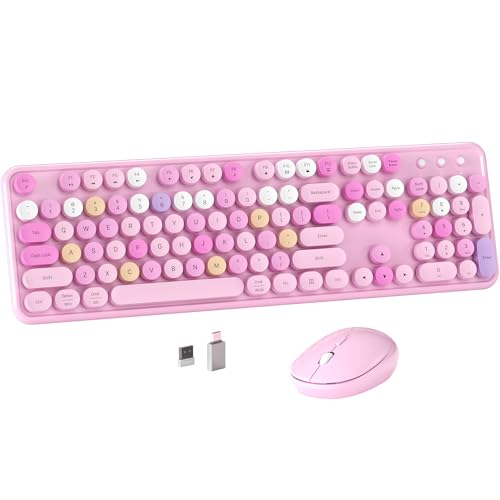 MPTOG Colorful Wireless Computer Keyboard and Mouse Combo with Round Typewriter Keycaps, Retro Design, Power Switch, Ergonomic Design, 2.4GHz Wireless for Windows, Mac, PC(Pink-Colorful) - color: Pink-Colorful