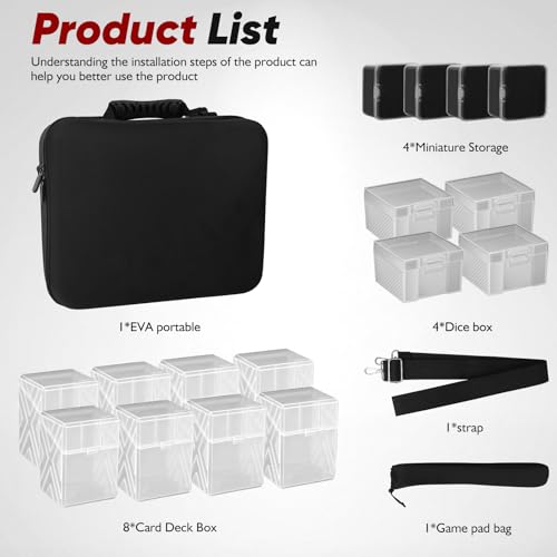 Card Deck Box with Portable Case,DnD RPG Organizer box Comes with 8 deck boxs, 4 model storage, and 4 dice storage (BLACK)