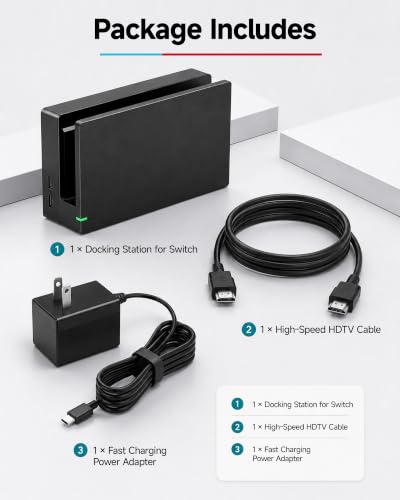 Dock Station for Switch/Switch OLED, Replacement 3-in-1 TV Dock Set with Original IC Module, AC Charger & High-Speed HDMI Cable for 1080P HD Output & Console Charging（Not Compatible with Switch 2）