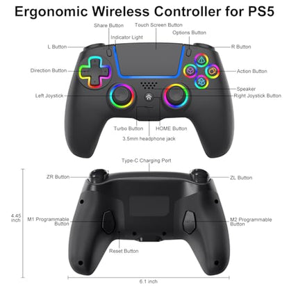 ADHJIE Compatible with PS5 Controller, RGB LED Wireless Controller for PS5 | PS5 Slim/PS5 Pro/PC with 3.5mm Audio Headset Jack,1000mAh Built-in Battery, Turbo, Dual Vibration, Black