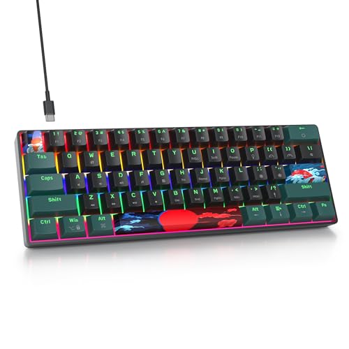Mini 60% Wired Gaming Keyboard Mechanical for Mac/Win,Waves B | Full N-Key Rollover Office Keyboard with red Switch Compact Backlit 61 Keys - color: 61 Sound Waves B/Red Switch