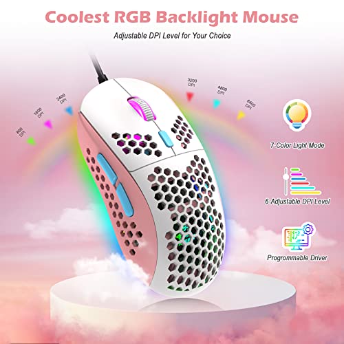 ZIYOU LANG T8PR0 Wired 65% Mechanical Gaming Keyboard and Mouse Combo-Pink | RGB Backlit,Anti-ghosting,TKL,Mini 68 Key,Coiled C to A Cable,Tactile Blue Switch,Ultralight Mice for PS4 Xbox PC Mac Gamer - color: Pink White Blue, size: 65% Keyboard + Mouse