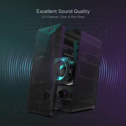 Redragon GS510 RGB Desktop Speakers, 2.0 Channel PC Computer Speaker with 4 Colorful LED Backlight Modes, Enhanced Bass and Easy-Access Volume Control, USB Powered w/ 3.5mm Cable - color: Black