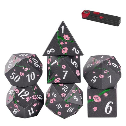UDIXI Black Metal Dice Set D&D, 7PCS Flower Metal DND Dice Set for RPG | Pink Flower, Metal Case Packaging, Heavy Metal Dice, D&D Gift, for Dungeons and Dragons Role Playing Games Tabletop Games - color: Black-white