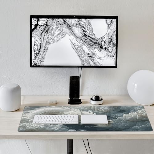 Large Chinese Dragon Mouse Pad, Non-Slip Natural Rubber Desk Mat with Stitched Edges, White and Gray, 35.4 x 15.7 Inches, Gaming - color: White Dragon