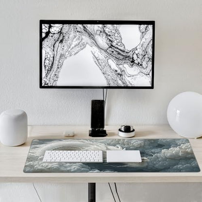 Large Chinese Dragon Mouse Pad, Non-Slip Natural Rubber Desk Mat with Stitched Edges, White and Gray, 35.4 x 15.7 Inches, Gaming - color: White Dragon