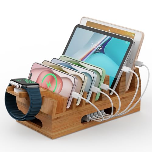 Pezin & Hulin Bamboo Charging Station Organizer for Multiple Devices & Wood Desktop Docking Charging Stand Such As Cell Phone, Tablets, Phone Case and Watch Stand(No USB Charger) - color: Dock Stand +Cables
