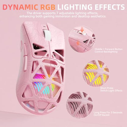 Aula SC620 Wireless Gaming Mouse, Tri-Mode 2.4GHz/USB-C/BT5.3 Computer Mouse with 12000 DPI, Programmable Macro Gamer Mouse with Rapid Fire Key, RGB Light Gaming Mice for PC/Laptop/Mac (Line Pink) - color: Line pink