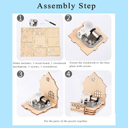 Wind-Up Music Box Log Cabin 3D Wooden Puzzle Building Model Kit | Laser-cut eco wood decor gift for teens & adults 14+, clockwork drive design, mostly glue-free music house assembly craft