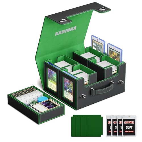 Kabinka Commander Deck Box for MTG with Handle, Multi Deck Case | with Large Dice Tray Fits 400+ Double-Sleeved Cards, 5 IN 1 TCG Card Storage Box, 35PT Card Holders (Black Green) - color: Black Green