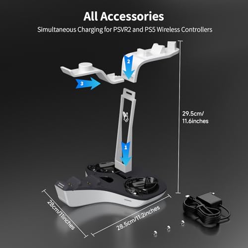 AceGamer Dual Charging Station for PS5 and VR2 Controllers, 4-In-1 Charging Dock for PS VR2 with VR Headset Display Stand, Headphone Holder, LED Lights & 3*Magnetic Connectors, Electronics Accessories