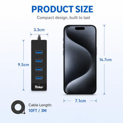 USB 3.0 Hub Long Cable 10FT, 4 Port USB Extension Data Cable USB Dock Extender for Desktop PC Laptop Mac, Windows, 5Gbps - size: 10 FT