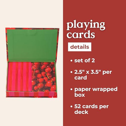 ban.do Set of 2 Decks of Playing Cards, Cherry & Stripes | Set of Two 52-Count Standard Card Decks with Storage Box, Cute Fruit Theme Playing Cards in Decorative Case