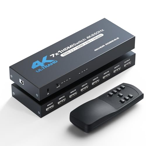 HDMI Switch 7 in 1 Out, 4K60Hz HDMI Switcher with Remote, H-DMI Selector Box Support UltraHD Dolby HDR10 2.0 HDCP 2.2 3D, HD-MI Splitter Compatible with Xbox PS5/4/3 Blu-Ray Player Fire Stick