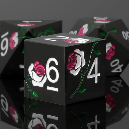 Rose Engraved Metal Dice Set 7PCS for DND RPG Tabletop Gaming | Solid zinc alloy build with 150g weight for balanced rolls(Dark Grey with Iridescent Rose) - color: Dark Grey With Iridescent Rose
