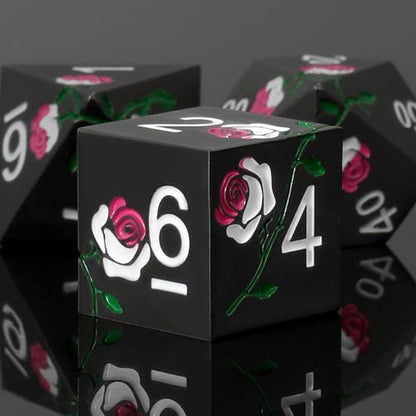 Rose Engraved Metal Dice Set 7PCS for DND RPG Tabletop Gaming | Solid zinc alloy build with 150g weight for balanced rolls(Dark Grey with Iridescent Rose) - color: Dark Grey With Iridescent Rose