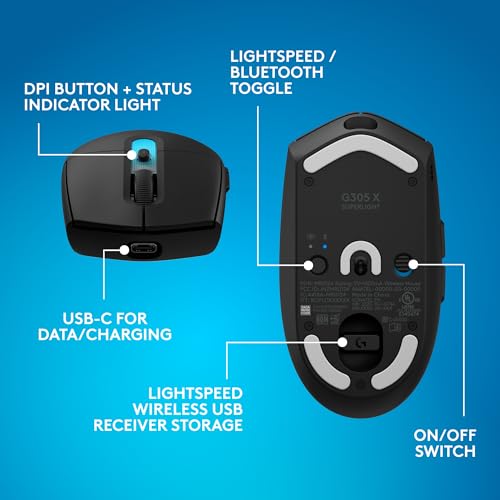 Logitech G305 X Superlight Wireless Gaming Mouse - Black | 59g Lightweight, 44K DPI, 678 IPS, Wireless 2.4 GHz/Bluetooth/USB-C, <170 hr Battery, 6 buttons, RGB, PC/Mac Compatible - color: Black, style: Superlight