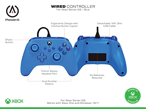 PowerA Wired Controller for Xbox Series X|S - blue, gamepad, video game/gaming controller, works with Xbox One, Officially Licensed - style: Blue