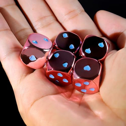 16mm Pink Metal Dice Set - 5-Piece Solid Iron Dice with Case, 6-Sided Metal Dice for Board Games, Poker Parties, Tabletop RPG, Geek Gifts - color: Pink