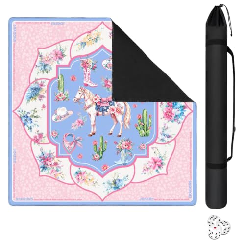 Pink Western Cowgirl Mahjong Mat, 31.5*31.5in Anti Slip Mahjong Table Cover, Noise Reduction, Neoprene Mah jongg Mat with Carrying Bag & 3 Dices, Mahjong Set Gift, Poker Board Tile Games Mats - color: Horse