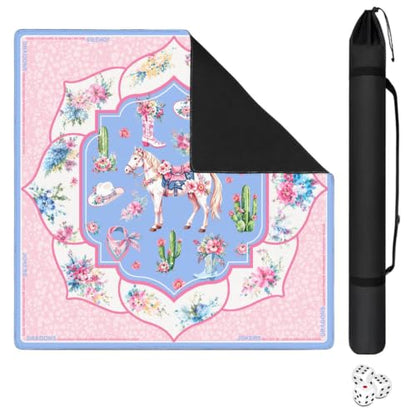 Pink Western Cowgirl Mahjong Mat, 31.5*31.5in Anti Slip Mahjong Table Cover, Noise Reduction, Neoprene Mah jongg Mat with Carrying Bag & 3 Dices, Mahjong Set Gift, Poker Board Tile Games Mats - color: Horse