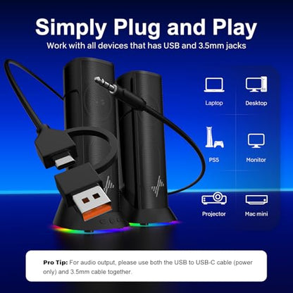 Nylavee Computer Speakers, Plug-and-Play PC Speakers for Desktop & Laptop | Immersive Sound, 9 Customizable RGB Lights, USB/USB-C Powered & 3.5mm AUX-in Speakers for Monitor & Laptop, 18-Month Warranty