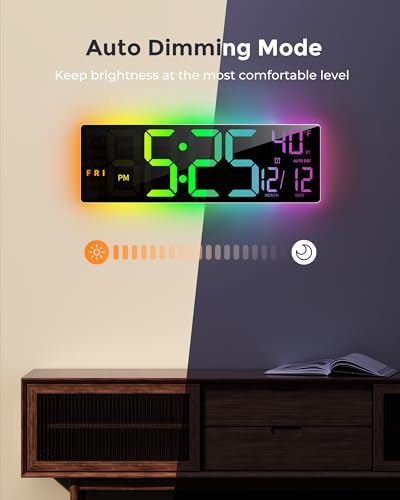 EASYERA 16.5" Large Digital Wall Clock with BT Sync, 11 RGB Lights | 11 Scenes Mode Remote Control, Big LED Clock with Dual Alarms, Auto DST, Temperature for Classroom Gaming - size: 15.98 inches, style: Modern