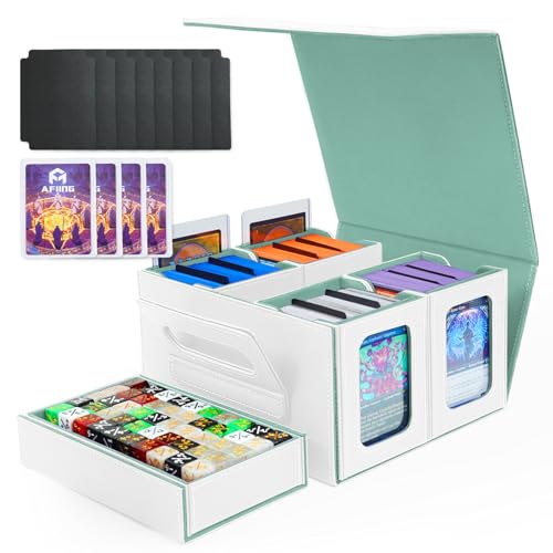 AFIING Commander Deck Box For Mtg Fits 400+ Double-Sleeved Cards, 5-in-1 TCG Storage Box with Removable Deck Case, 4 Toploaders, Dice Tray & Handle for TCG/Sports Cards (Whitegreen) - color: Whitegreen