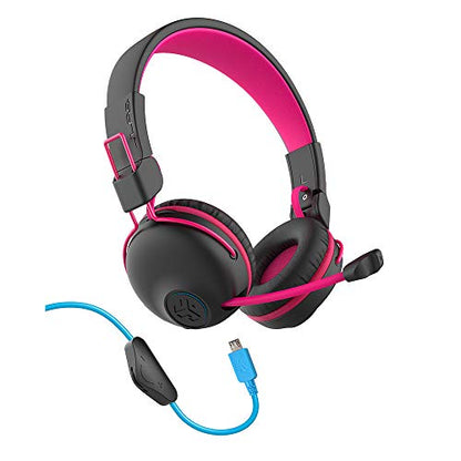 JLab JBuddies Play Gaming Wireless Kids Headset, Pink, 22+ Hour Bluetooth 5 Playtime 60ms Super-Low Latency for Mobile Gameplay, Retractable Boom Mic, AUX Cord Compatible w/Gaming Consoles
