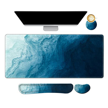 AIMSA Large Gaming Mouse Pad Set, Keyboard Wrist Rest Support + Extended Mouse Pad + Mouse Wrist Cushion + Coaster, Ergonomic Memory Foam Multifunctional Desk Mat 35x15.7inch (Dark Blue Waves) - color: Dark Blue Waves