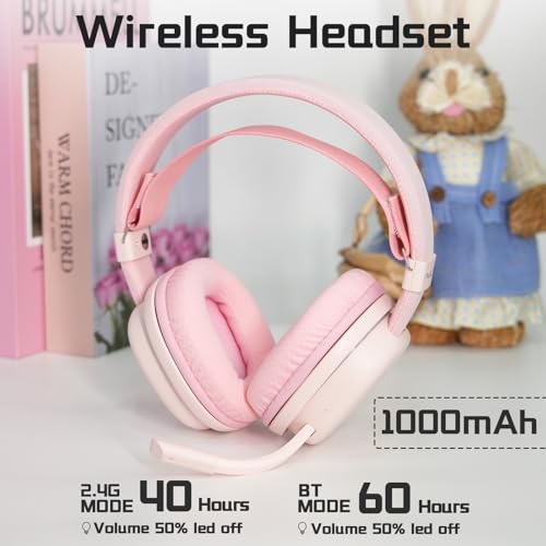 G7 Wireless Gaming Headset, Surround Sound 10ms Low Latency, PC Headset with Detachable Noise Canceling Mic, 40mm Driver, Tri-Mode 2.4G/BT5.2/Wired, Over Ear Headphone for PS5,PS4,Switch - color: Pink