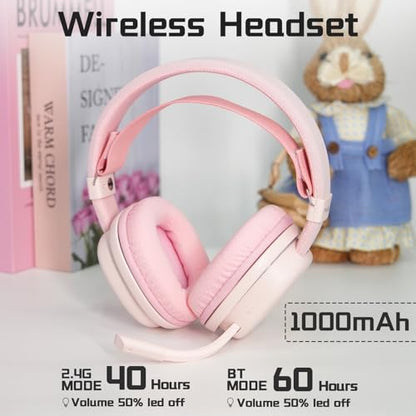 G7 Wireless Gaming Headset, Surround Sound 10ms Low Latency, PC Headset with Detachable Noise Canceling Mic, 40mm Driver, Tri-Mode 2.4G/BT5.2/Wired, Over Ear Headphone for PS5,PS4,Switch - color: Pink