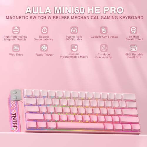 Aula MINI60 HE PRO Wireless Gaming Keyboard 60%,Hall Effect Rapid Trigger Magnetic Keyboard,8000Hz Polling,Tri-Mode(BT5.0/2.4GHz/USB-C),RGB Hot Swappable Compact Pink Mechanical Keyboard for Gamer - color: Pro-Pink Side