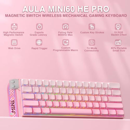 Aula MINI60 HE PRO Wireless Gaming Keyboard 60%,Hall Effect Rapid Trigger Magnetic Keyboard,8000Hz Polling,Tri-Mode(BT5.0/2.4GHz/USB-C),RGB Hot Swappable Compact Pink Mechanical Keyboard for Gamer - color: Pro-Pink Side