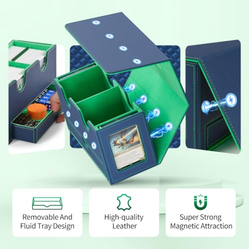 UAONO 3-in-1 MTG Commander Deck Box, Blue Green | 2 Magnetic Card Holders & 1 Dice Tray, Fits 200 Double Sleeved, Card Organizer Compatible with Magic the Gathering - color: Blue&Green