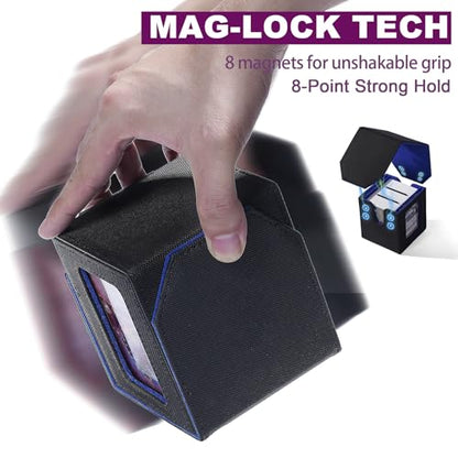 Commander Dual Display Deck Box — Patented Design Holds 130 Double-Sleeved/100 Triple-Sleeved Cards, Includes 2 Thick Card Bricks & 2 Dividers, Leather Multi-Function Storage Case (black Blue) - color: Black/Blue