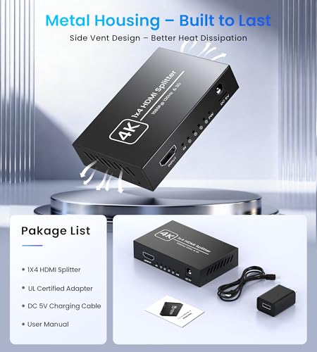 4K HDMI Splitter 1 in 4 Out, Supports 1080P@120Hz, Up to 100ft Transmission | Powered 1x4 HDMI Splitter with 5V DC UL Power Adapter, Mirror Display Only, Compatible with TV, PS5, Xbox, Projector