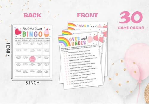 Birthday Party Card Games, Colorful Rainbow Ice Cream Themed Find The Guest Bingo Game Cards, Over And Under Games, Fun Sleepover Party Game For Kids Adults, 02 - color: Colorful Would She Rather